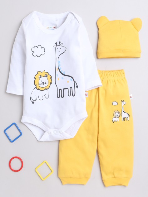 BUMZEE White & Yellow Boys Full Sleeves Cotton Bodysuit & Jogger Set With Cap