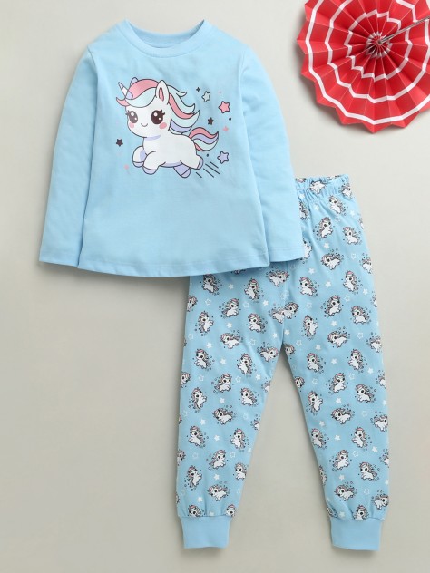 BUMZEE Blue Girls Full Sleeves Cotton T-Shirt & Pyjama Set