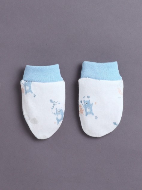 BUMZEE White & Sky Blue Boys Cotton Cap Mitten Bootie Set