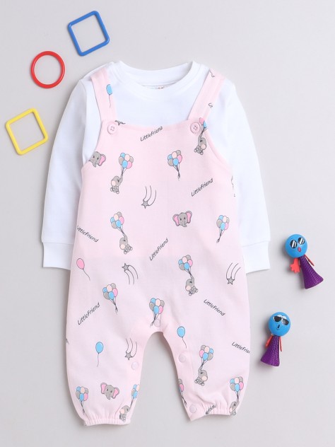 BUMZEE Pink & White Baby Girls Full Sleeves Dungaree Set