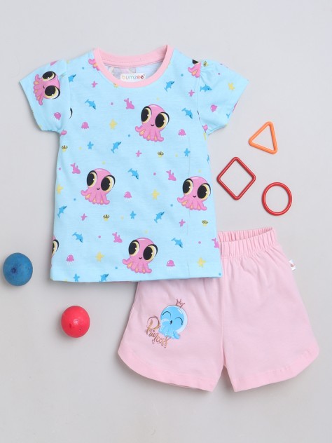 BUMZEE Sky Blue & Pink Girls Cap Sleeves Top & Short Set