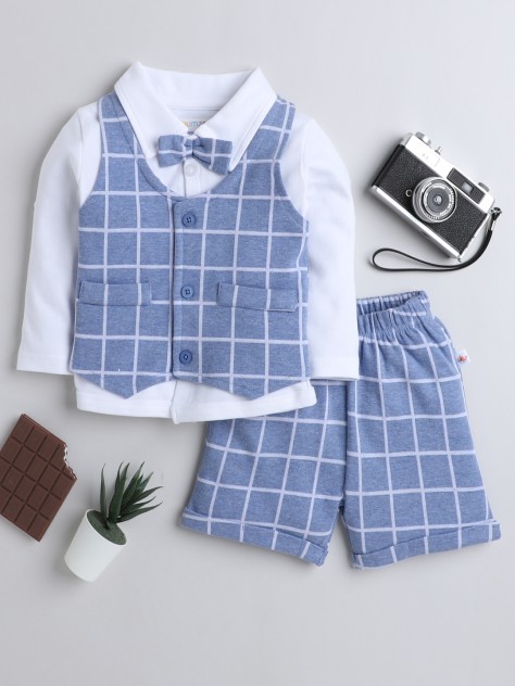 BUMZEE Sky Blue & White Boys Full Sleeves Shirt Waistcoat & Short Set With Applique Bow