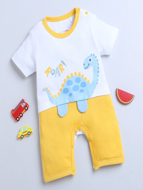 BUMZEE White & Yellow Boys Half Sleeves Thigh Length Romper