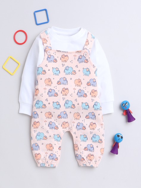 BUMZEE Peach & White Baby Girls Full Sleeves Cotton Dungaree Set