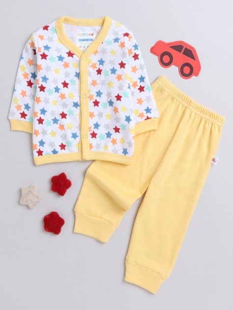 BUMZEE White & Yellow Baby Girls Full Sleeves Jabla & Pyjama Set