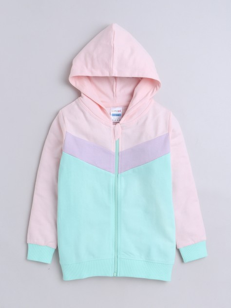 BUMZEE Green & Pink Girls  Full Sleeves Cotton Hooded Zipper Sweatshirt