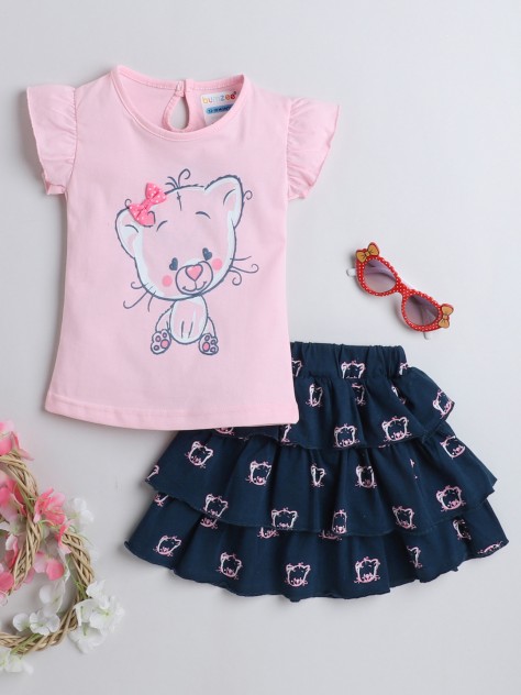 BUMZEE Pink & Navy Girls Cap Sleeves Top & Skirt Set