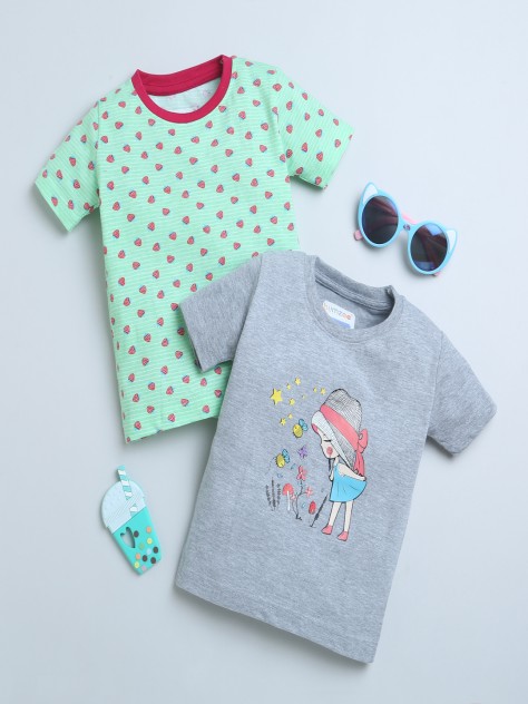 BUMZEE Green & Grey Girls Half Sleeves T-Shirts Pack Of 2
