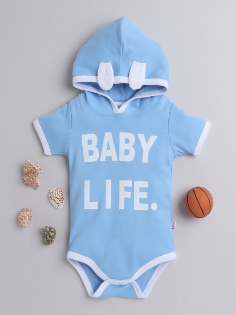 BUMZEE Blue Boys Half Sleeves Hooded Bodysuit