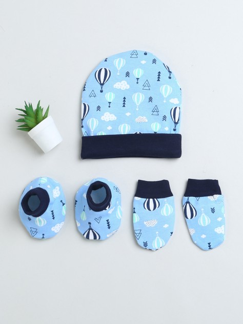 BUMZEE Blue & Navy Girls Cotton Cap Mitten Bootie Set