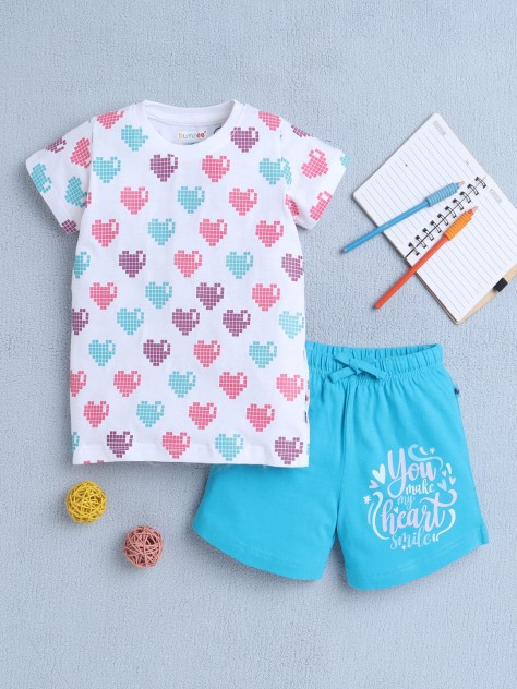 BUMZEE White & Blue Girls Half Sleeves T-Shirt & Short Set