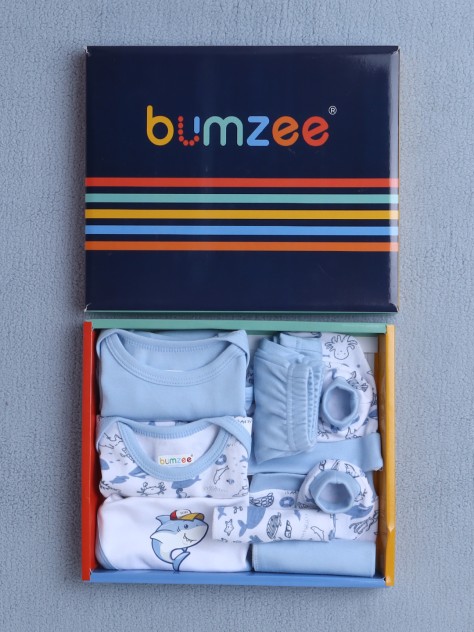 BUMZEE Sky Blue & White Baby Boys Baby Gift Set Pack Of 9