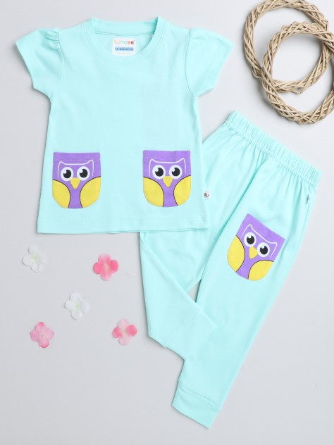 BUMZEE Sea Green Girls Half Sleeves T-Shirt & Pyjama Set