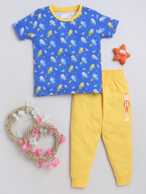 BUMZEE Blue & Yellow Boys Half Sleeves T-Shirt & Pyjama Set