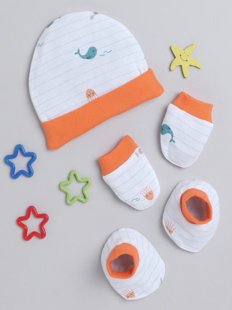 BUMZEE White & Orange Boys Cotton Cap Mitten Bootie Set