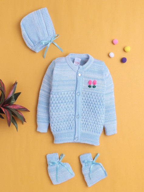 BUMZEE Sky Blue Baby Boys Full Sleeves Acrylic Blend Sweater With Cap & Socks