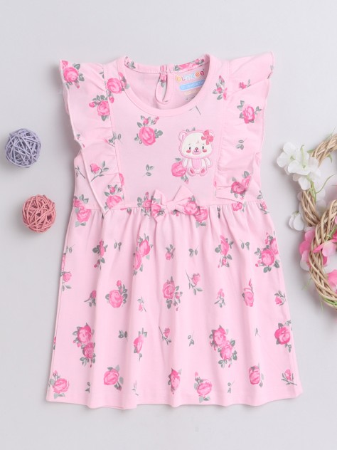 BUMZEE Pink Girls Cap Sleeves Cotton Frock