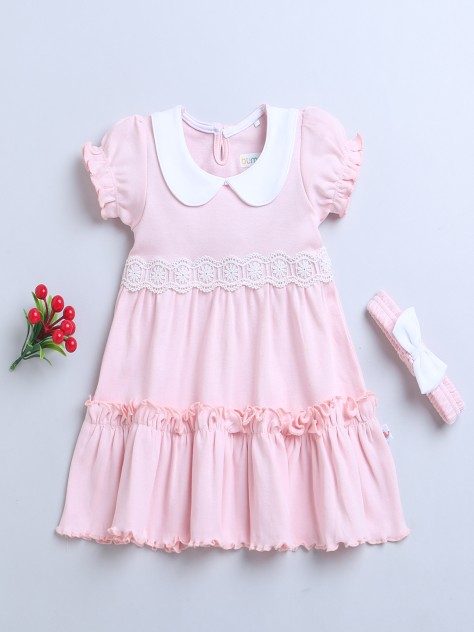 BUMZEE Pink Girls Half Sleeves Cotton Frock With Headband