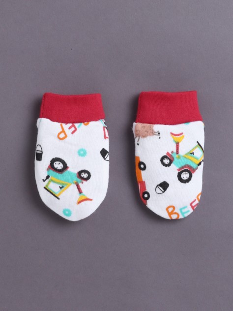 BUMZEE White & Red Boys Cotton Cap Mitten Bootie Set