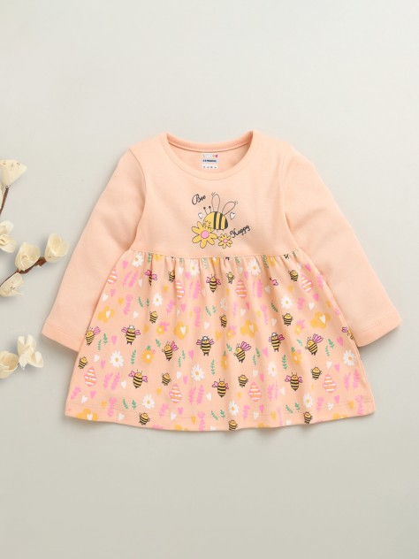 BUMZEE Peach Girls Full Sleeves Cotton Knee Length Frock