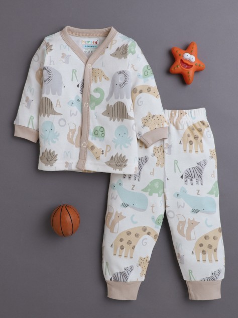 BUMZEE Beige Baby Boys Full Sleeves Jabla & Pyjama Set