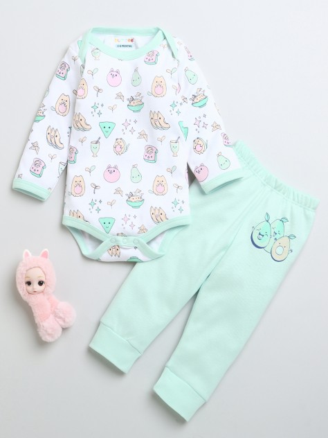 BUMZEE Mint & White Girls Full Sleeves Cotton Bodysuit & Pyjama Set