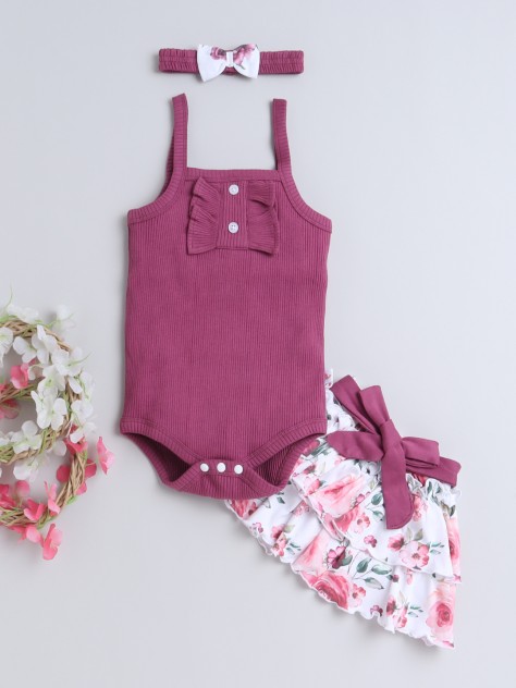 BUMZEE Mauve & White Girls Sleeveless Bodysuit & Skirt Set With Headband