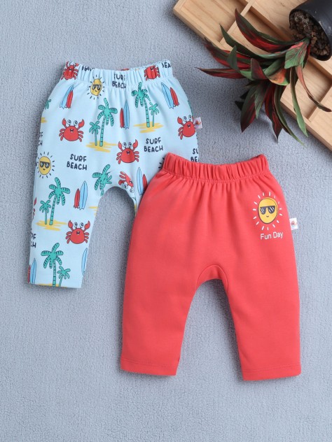 BUMZEE Sky Blue & Coral Baby Boys Diaper Pants / Leggings / Pyjamas Pack Of 2