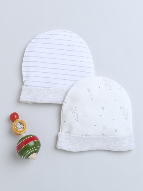 BUMZEE Grey & White Baby Boys Round Cap Pack Of 2