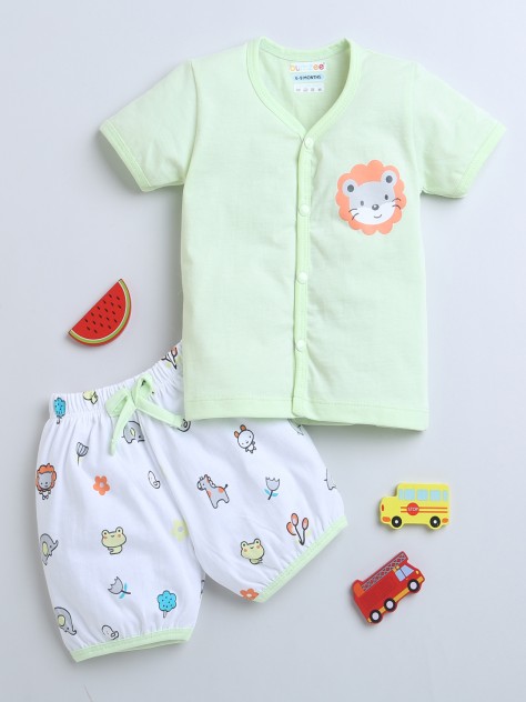 BUMZEE Green & White Baby Boys Half Sleeves Jabla & Short Set