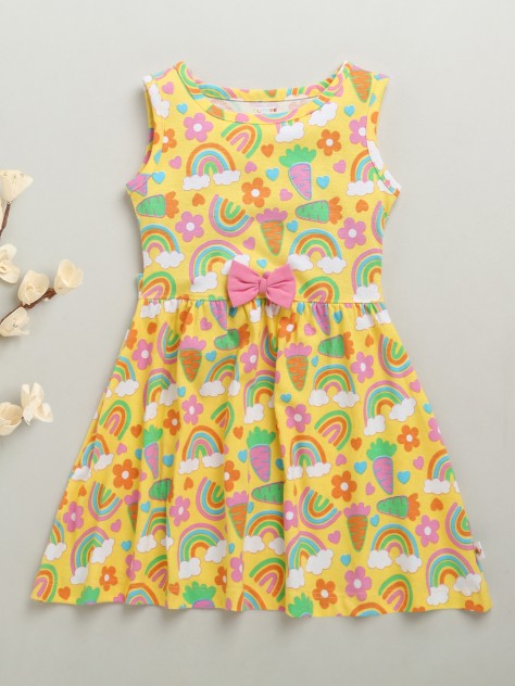 BUMZEE Yellow Girls Sleeveless Cotton Knee Length Frock