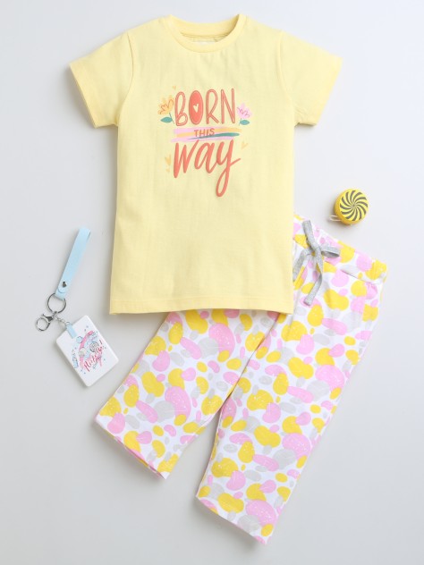 BUMZEE Yellow & White Girls Cap Sleeves T-Shirt & Capri Set