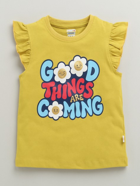 BUMZEE Pink & Yellow Girls Half Sleeves T-Shirt & Capri Set