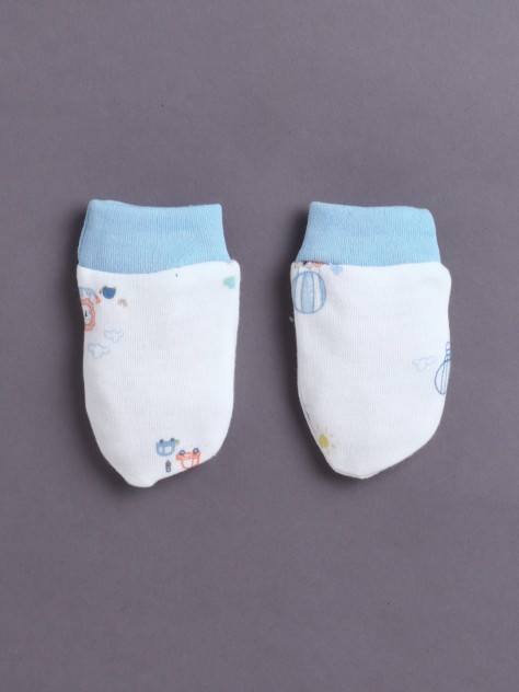 BUMZEE White & Sky Blue Boys Cotton Cap Mitten Bootie Set