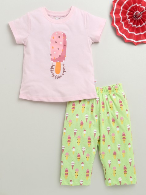 BUMZEE Pink & Green Girls Half Sleeves T-Shirt & Capri Set