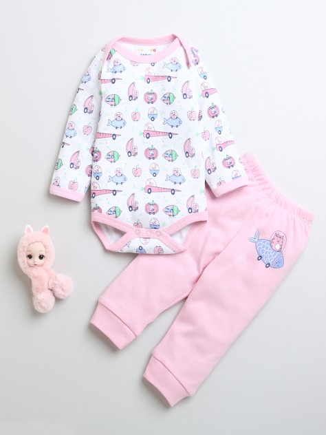 BUMZEE Pink & White Girls Full Sleeves Cotton Bodysuit & Pyjama Set