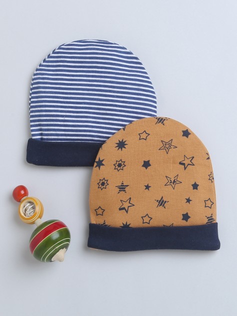 BUMZEE Brown & Navy Baby Boys Round Cap Pack Of 2