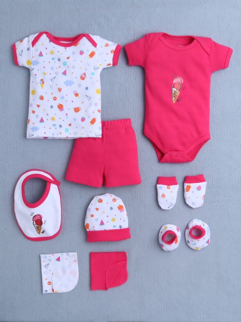 BUMZEE Pink & White Baby Girls Baby Gift Set Pack Of 9