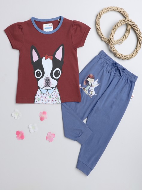 BUMZEE Maroon & Blue Girls Half Sleeves T-Shirt & Pyjama Set