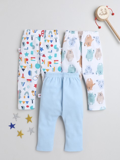 BUMZEE Light Blue & White Baby Boys Diaper Pants - Leggings - Pyjamas Pack Of 3