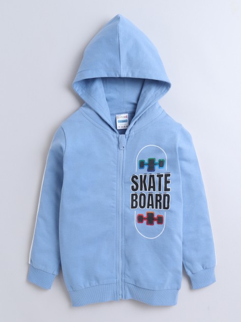 BUMZEE Blue Boys Full Sleeves Cotton Hooded Zipper Sweatshirt