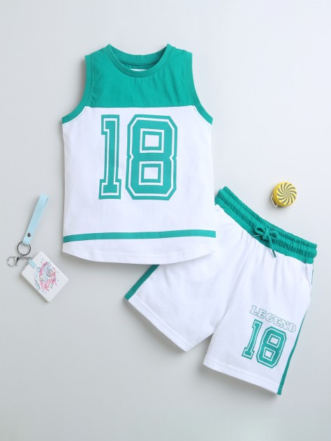 BUMZEE White & Green Boys Sleeveless T-Shirt & Short Set