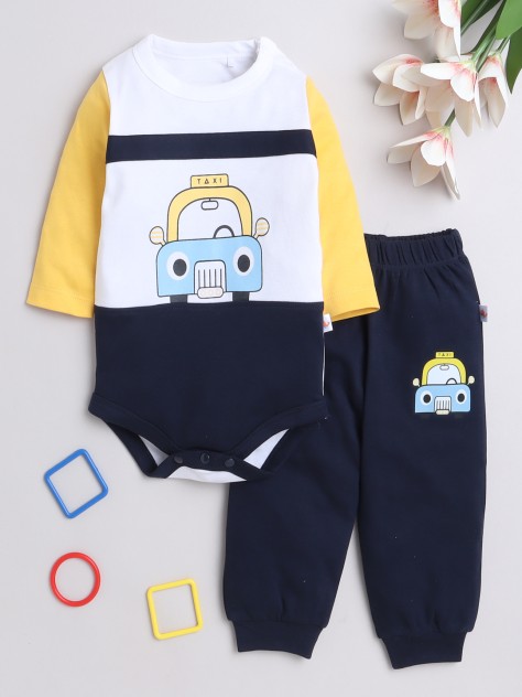 BUMZEE Navy & White Boys Full Sleeves Cotton Bodysuit & Jogger Set With Cap