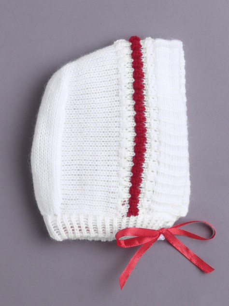 BUMZEE White & Maroon Baby Boys Full Sleeves Acrylic Blend Sweater With Cap & Socks
