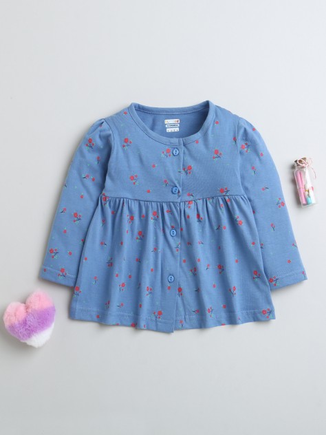 BUMZEE Blue Girls Full Sleeves Cotton Knee Length Casual Frock