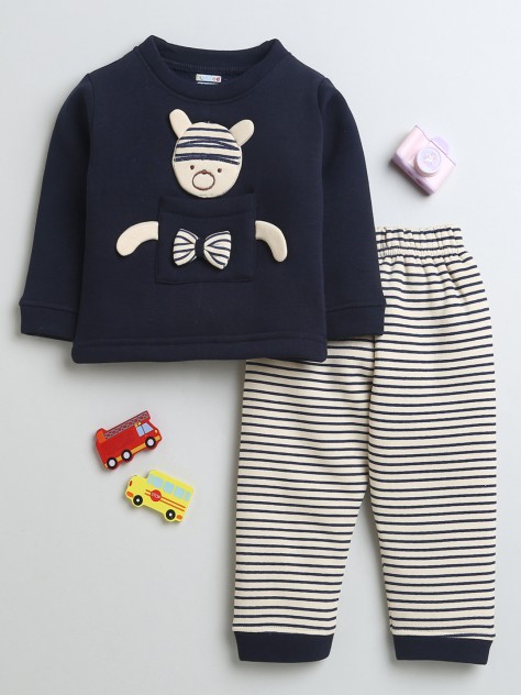 BUMZEE Navy & Beige Boys Full Sleeves Fleece Winter Wear Set