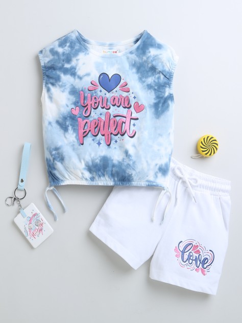 BUMZEE Blue & White Girls Half Sleeves T-Shirt & Short Set