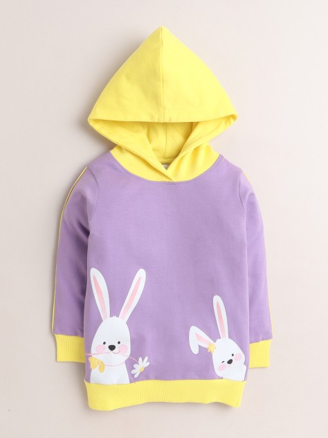 BUMZEE Lavender & Yellow Girls  Full Sleeves Cotton Hooded Sweatshirt