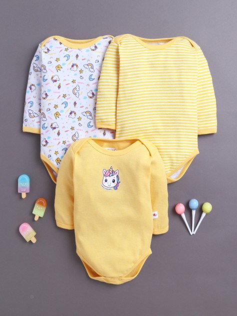 BUMZEE Yellow & White Baby Girls Full Sleeves Cotton Bodysuit Onesies Pack Of 3