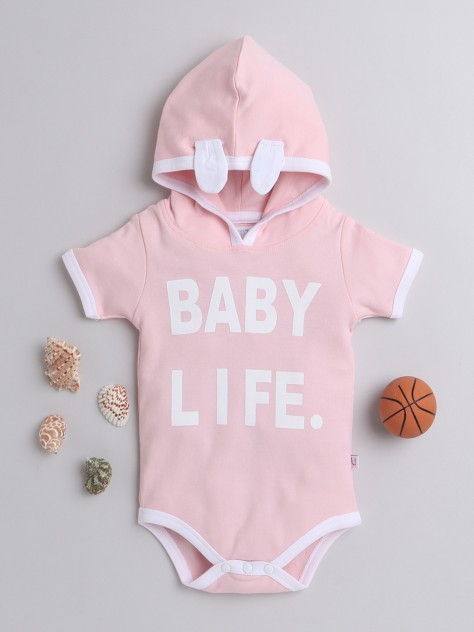 BUMZEE Pink Girls Half Sleeves Hooded Bodysuit